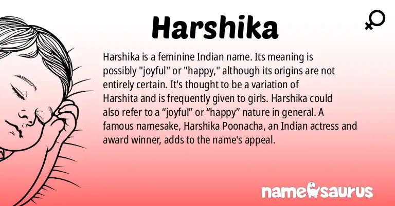 Infographic about Harshika name meaning, Harshika is a name from Indian origin(s).