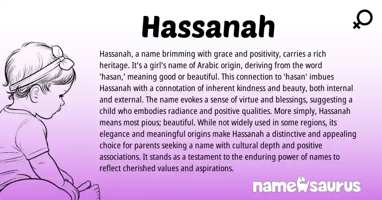 Infographic about Hassanah name meaning, Hassanah is a name from British, Arabic origin(s).
