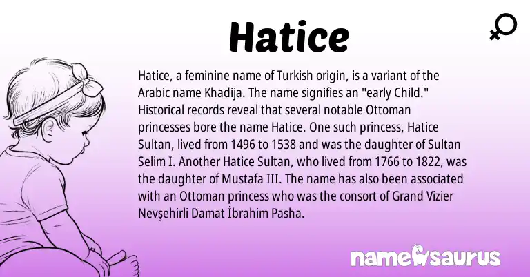 Infographic about Hatice name meaning, Hatice is a name from Arabic, Turkish origin(s).