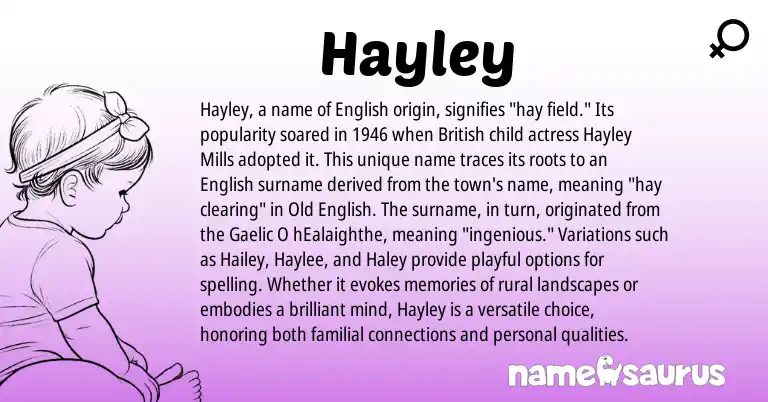Infographic about Hayley name meaning, Hayley is a name from Old English, English, British, Gaelic origin(s).