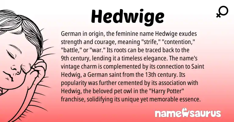 Infographic about Hedwige name meaning, Hedwige is a name from German origin(s).