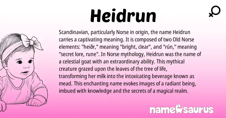Infographic about Heidrun name meaning, Heidrun is a name from Scandinavian, Old Norse, Norse origin(s).