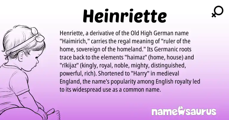 Infographic about Heinriette name meaning, Heinriette is a name from Old High German, English, Germanic, England origin(s).