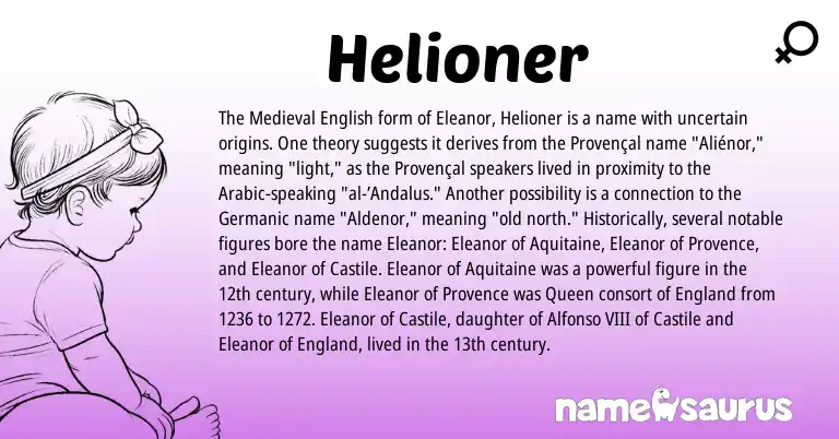 Infographic about Helioner name meaning, Helioner is a name from Provençal, England, Medieval English, Germanic, Arabic origin(s).