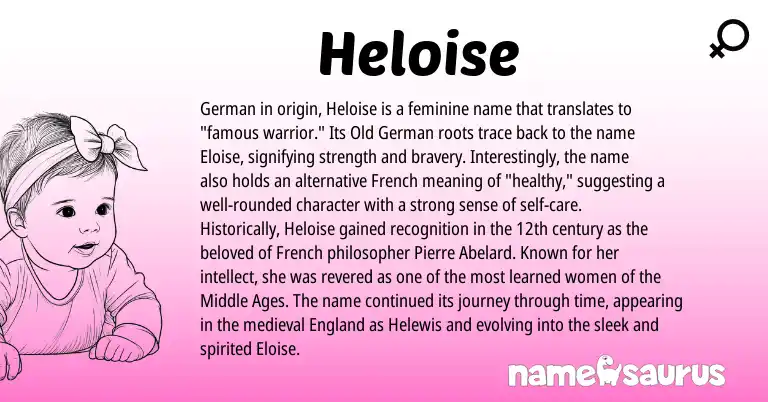 Infographic about Heloise name meaning, Heloise is a name from Old German, German, French, England origin(s).