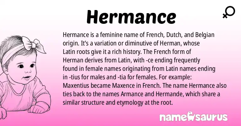 Infographic about Hermance name meaning, Hermance is a name from French, Dutch, French (Belgian), French (Quebec) origin(s).