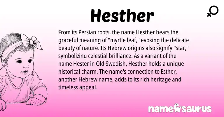 Infographic about Hesther name meaning, Hesther is a name from Old Swedish, Persian, Hebrew origin(s).