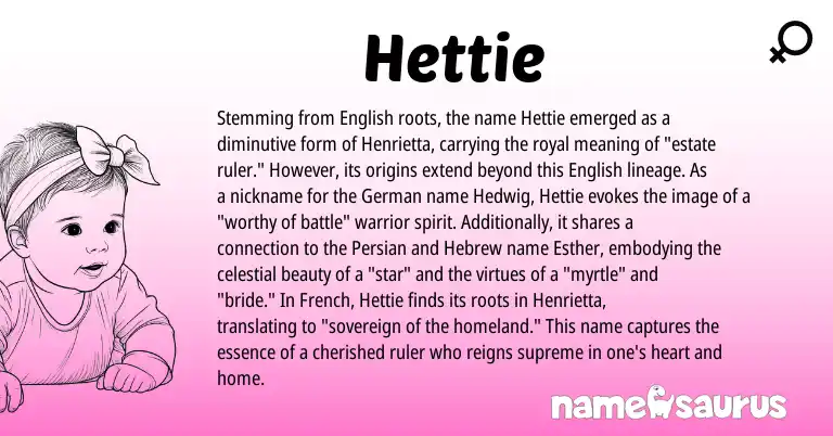 Infographic about Hettie name meaning, Hettie is a name from English, French, Persian, German, Hebrew origin(s).
