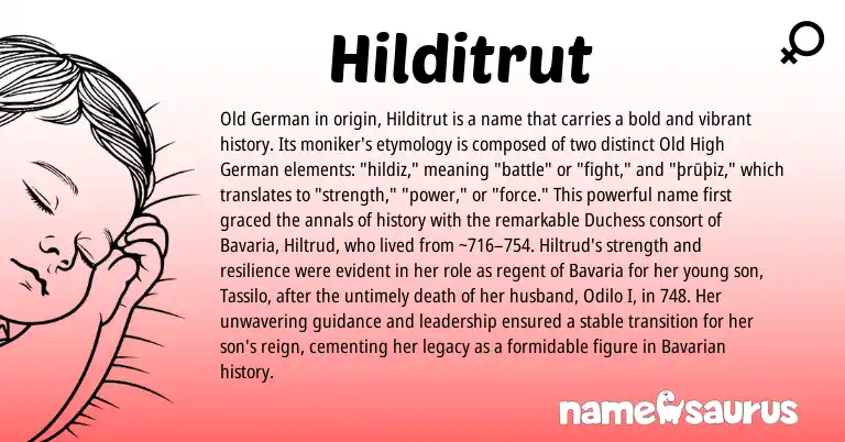 Infographic about Hilditrut name meaning, Hilditrut is a name from Old German, Old High German origin(s).