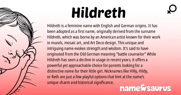 Infographic about Hildreth name meaning, Hildreth is a name from English, German origin(s).