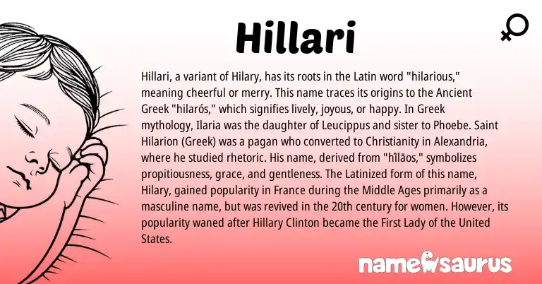 Infographic about Hillari name meaning, Hillari is a name from Ancient Greek, Christianity, United States, Latin, Greek origin(s).