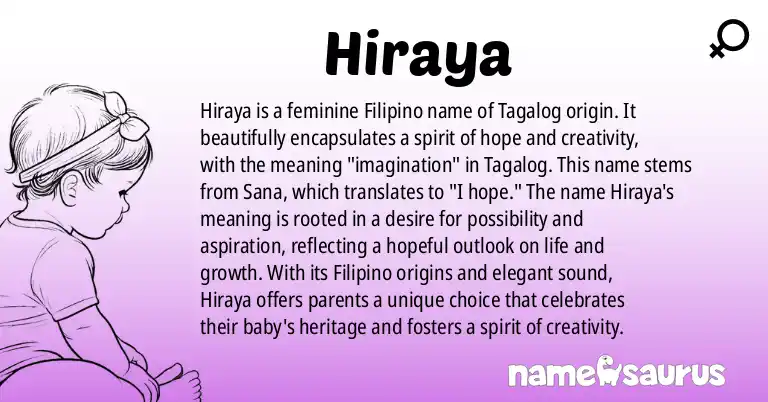 Infographic about Hiraya name meaning, Hiraya is a name from Filipino, Tagalog origin(s).