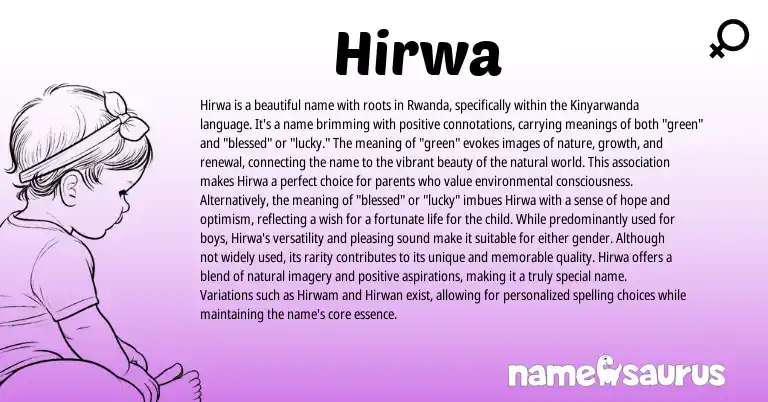 Infographic about Hirwa name meaning, Hirwa is a name from African, Rwandan origin(s).