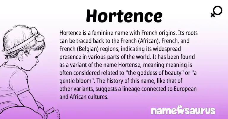 Infographic about Hortence name meaning, Hortence is a name from French (African), French, French (Belgian), Dutch (Surinamese) origin(s).