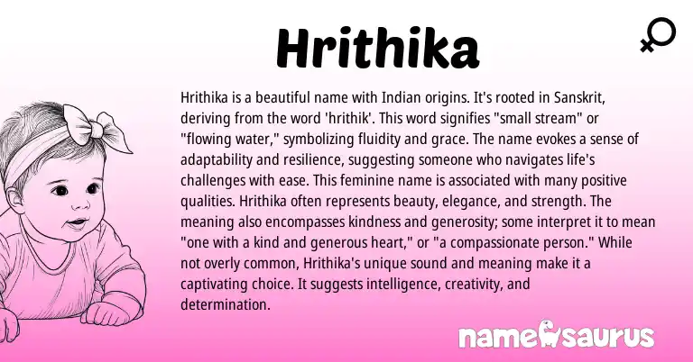 Infographic about Hrithika name meaning, Hrithika is a name from Indian, Sanskrit origin(s).