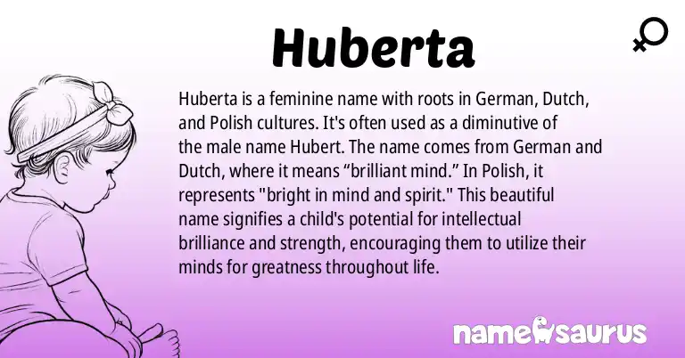 Infographic about Huberta name meaning, Huberta is a name from German, Dutch, Polish, Hungarian origin(s).
