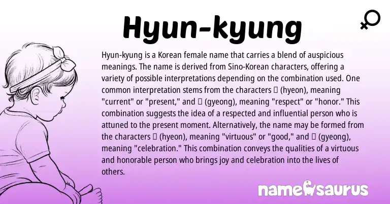 Infographic about Hyun-kyung name meaning, Hyun-kyung is a name from Korean origin(s).