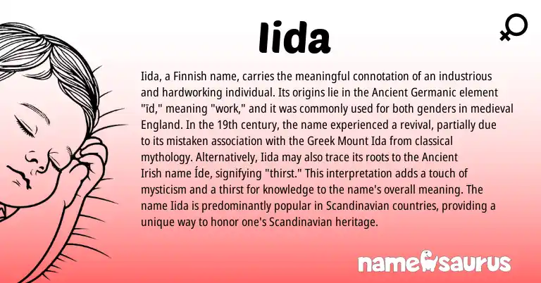 Infographic about Iida name meaning, Iida is a name from Irish, Finnish, Scandinavian, Ancient Germanic, England, Greek origin(s).
