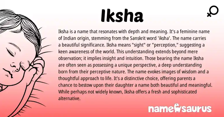 Infographic about Iksha name meaning, Iksha is a name from Malayalam, Indian, Sanskrit origin(s).