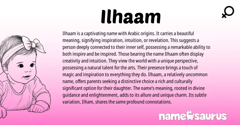 Infographic about Ilhaam name meaning, Ilhaam is a name from Arabic origin(s).