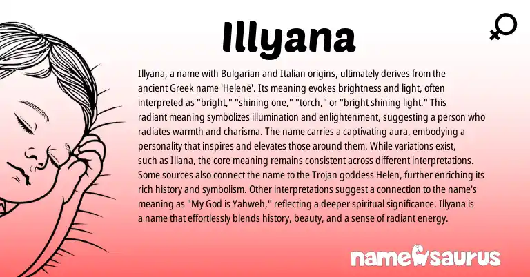 Infographic about Illyana name meaning, Illyana is a name from Russian, Bulgarian, Italian, Greek origin(s).