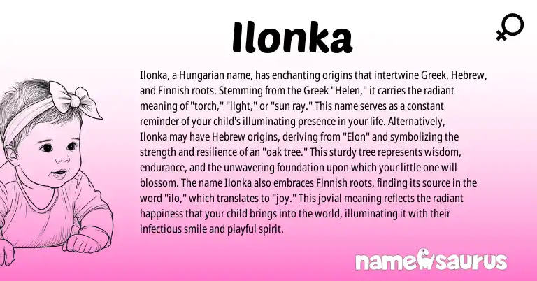 Infographic about Ilonka name meaning, Ilonka is a name from Finnish, Hungarian, Hebrew, Greek origin(s).