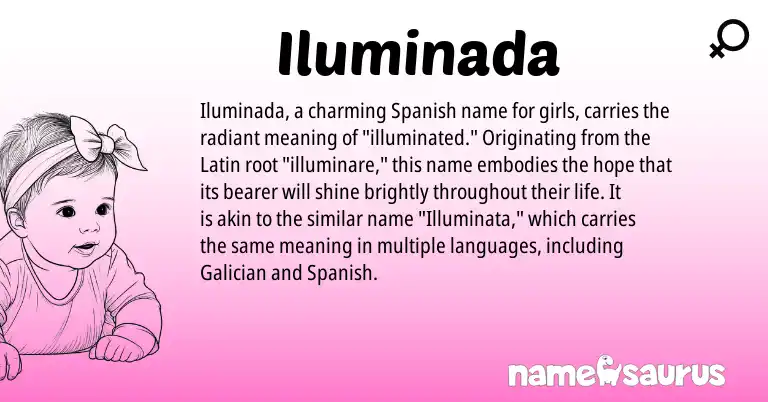 Infographic about Iluminada name meaning, Iluminada is a name from Galician, Spanish, Latin origin(s).