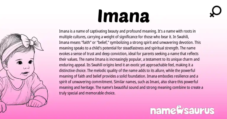 Infographic about Imana name meaning, Imana is a name from Persian, Swahili, Arabic origin(s).