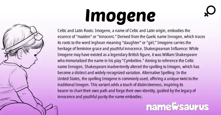 Infographic about Imogene name meaning, Imogene is a name from British, United States, Shakespearean, Gaelic, Latin, Celtic origin(s).