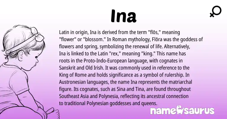 Infographic about Ina name meaning, Ina is a name from European, Polynesian, Roman, Latin, Sanskrit, Old Irish origin(s).