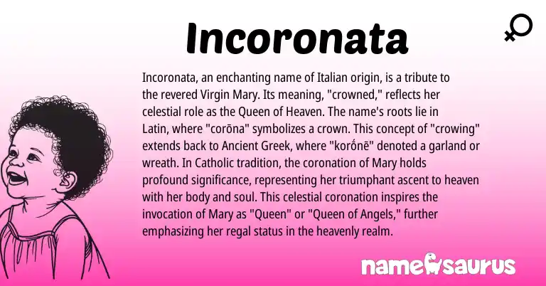 Infographic about Incoronata name meaning, Incoronata is a name from Ancient Greek, Latin, Italian origin(s).