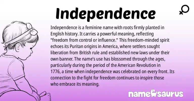 Infographic about Independence name meaning, Independence is a name from English (Puritan), American origin(s).