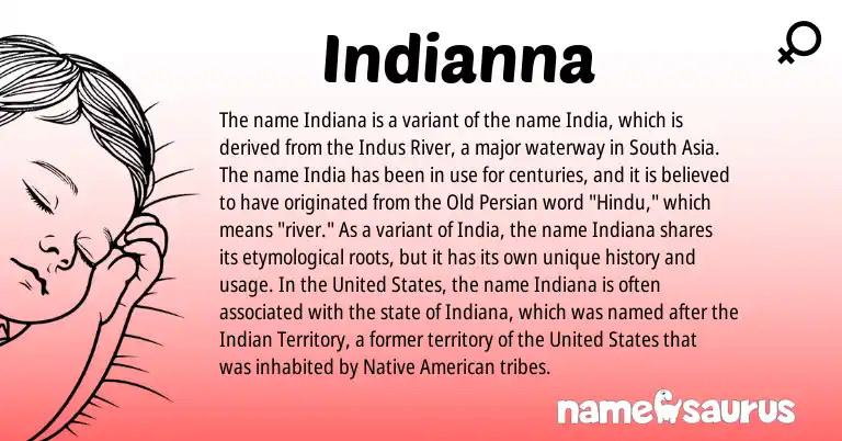 Infographic about Indianna name meaning, Indianna is a name from United States, Native American, Old Persian, Indian, Hindu origin(s).