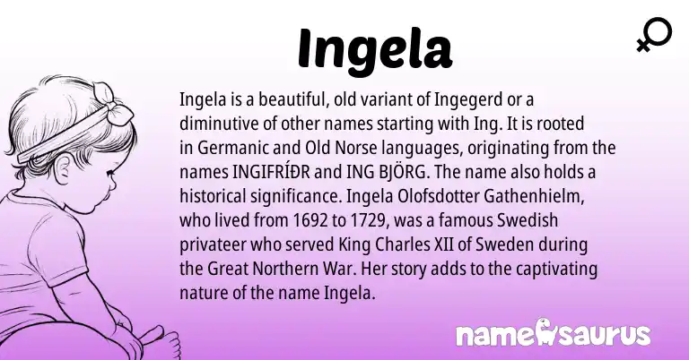 Infographic about Ingela name meaning, Ingela is a name from Old Norse, Swedish, Germanic origin(s).