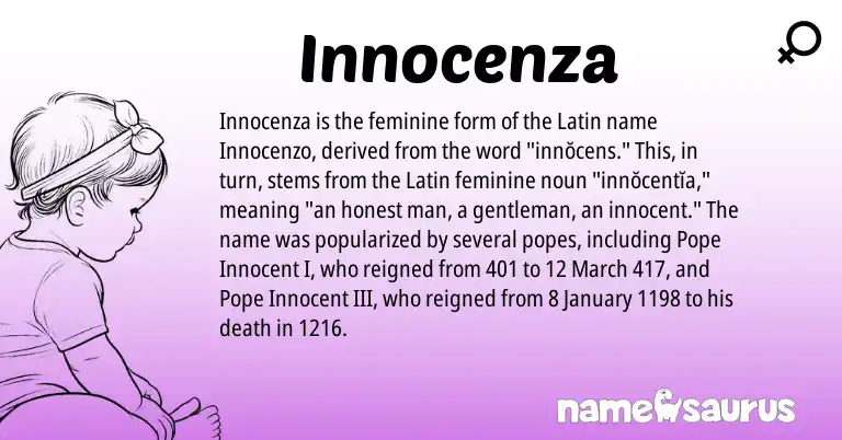 Infographic about Innocenza name meaning, Innocenza is a name from Latin origin(s).