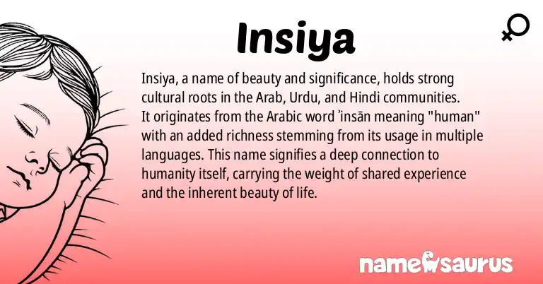 Infographic about Insiya name meaning, Insiya is a name from Arabic, Urdu, Hindi, Persian origin(s).