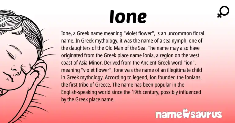 Infographic about Ione name meaning, Ione is a name from English, Ancient Greek, Greece, Greek origin(s).