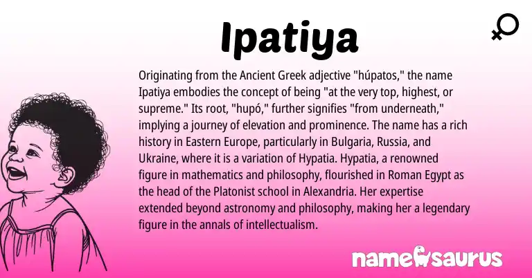 Infographic about Ipatiya name meaning, Ipatiya is a name from Roman, Ancient Greek, Ukraine origin(s).