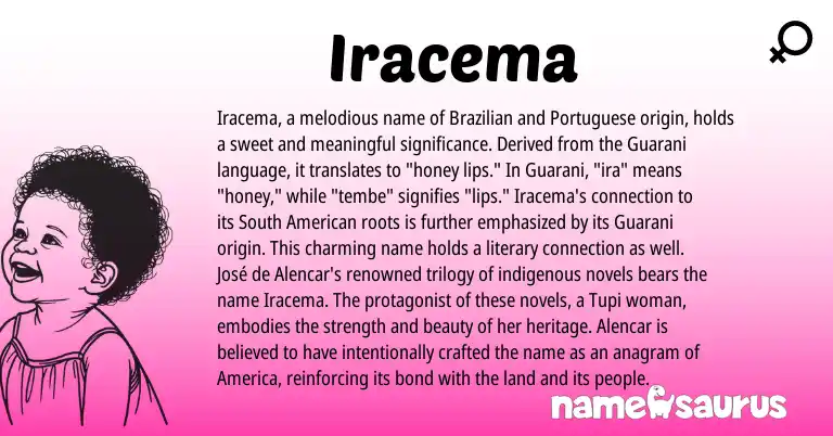 Infographic about Iracema name meaning, Iracema is a name from South American, Guarani, Tupi, Brazilian, Portuguese origin(s).