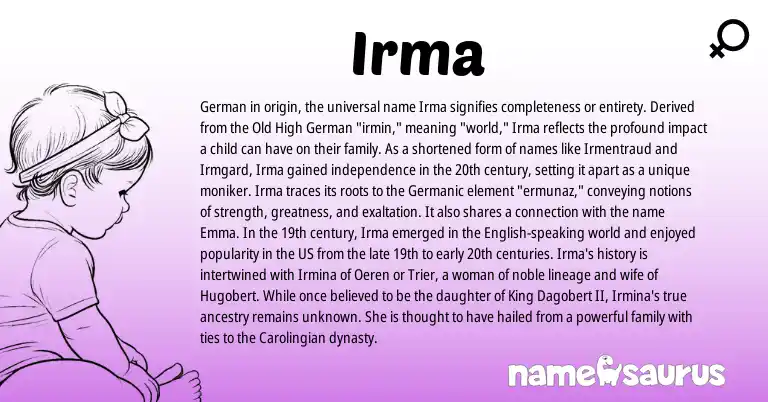Infographic about Irma name meaning, Irma is a name from Old High German, German, English, Germanic origin(s).