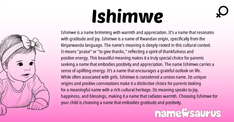 Infographic about Ishimwe name meaning, Ishimwe is a name from Rwandan, Kinyarwanda origin(s).