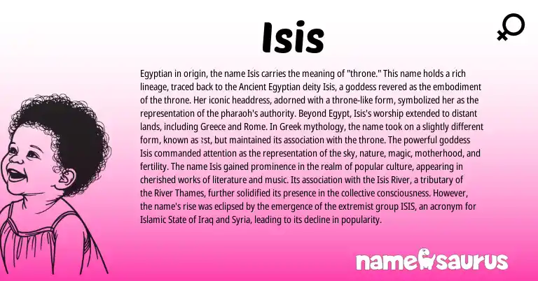 Infographic about Isis name meaning, Isis is a name from Ancient Egyptian, Iraq, Greece, Syria, Greek, Egyptian origin(s).
