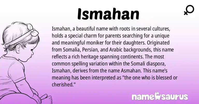 Infographic about Ismahan name meaning, Ismahan is a name from Somali, Persian, Arabic origin(s).