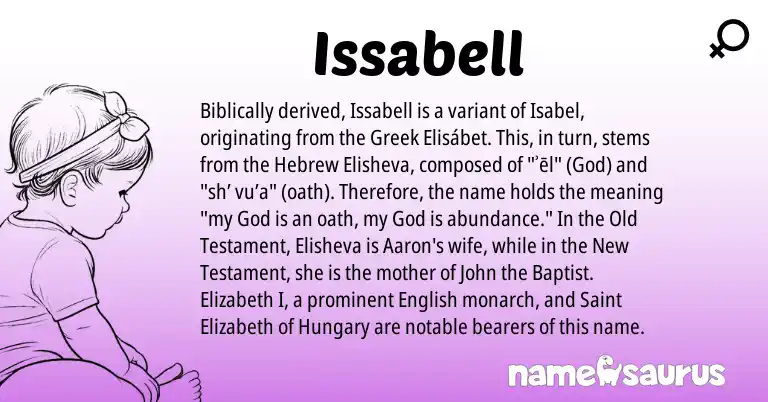 Infographic about Issabell name meaning, Issabell is a name from English, Hebrew, Greek origin(s).