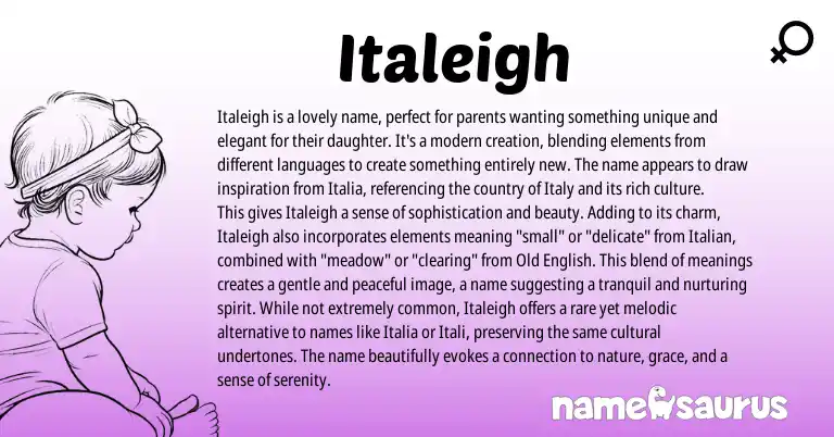 Infographic about Italeigh name meaning, Italeigh is a name from Italian, English origin(s).