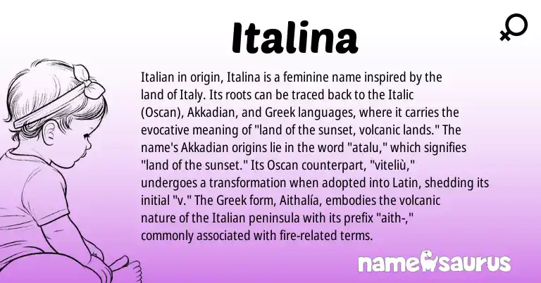 Infographic about Italina name meaning, Italina is a name from Akkadian, Greek, Latin, Italian origin(s).
