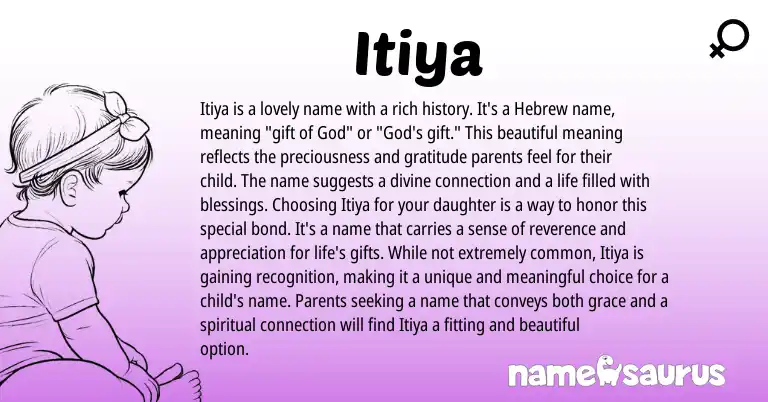 Infographic about Itiya name meaning, Itiya is a name from Hebrew origin(s).