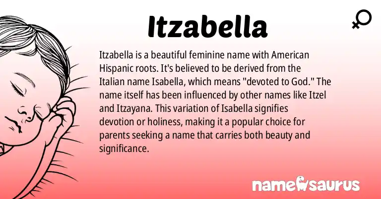 Infographic about Itzabella name meaning, Itzabella is a name from American (Hispanic) origin(s).