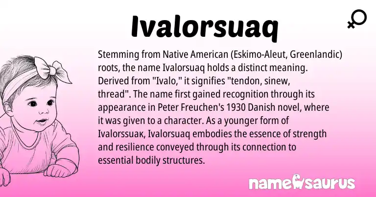 Infographic about Ivalorsuaq name meaning, Ivalorsuaq is a name from Native American, Aleut, Danish, Greenlandic origin(s).