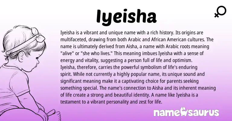 Infographic about Iyeisha name meaning, Iyeisha is a name from Arabic, American origin(s).